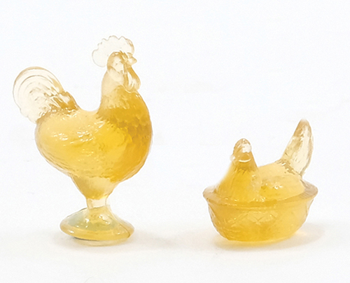 Dollhouse Miniature Rooster/Hen Candy Dishes, Amber